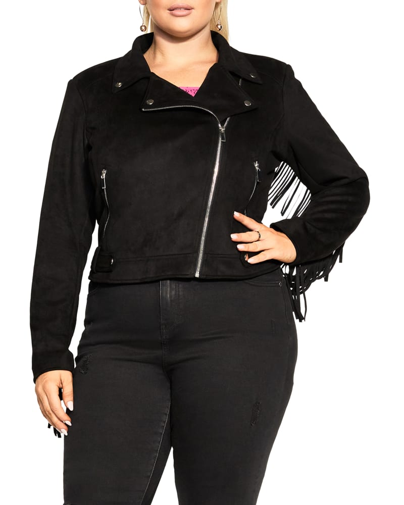 Front of a model wearing a size XL JKT ANGELA in Black by City Chic. | dia_product_style_image_id:322813